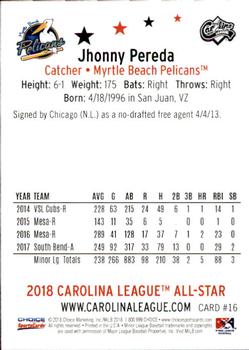 2018 Choice Carolina League All-Stars #16 Jhonny Pereda Back