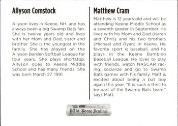 2003 Keene Swamp Bats #2 Matthew Cram / Allyson Comstock Back