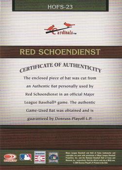 2005 Donruss Greats - Hall of Fame Souvenirs Material Bat #HOFS-23 Red Schoendienst Back
