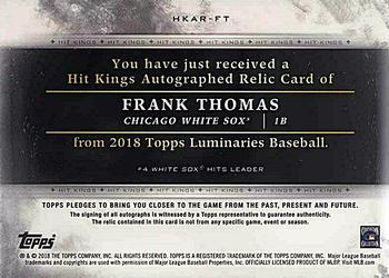 2018 Topps Luminaries - Hit Kings Autograph Relics Black #HKAR-FT Frank Thomas Back