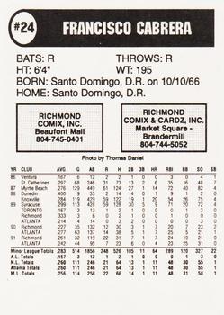 1992 Comix Richmond Braves #NNO Francisco Cabrera Back