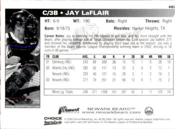 2004 Choice Newark Bears #7 Jay LaFlair Back