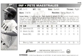 2004 Choice Newark Bears #10 Pete Maestrales Back