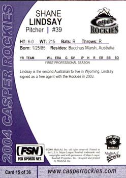 2004 MultiAd Casper Rockies #15 Shane Lindsay Back