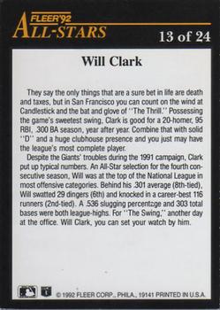 1992 Fleer - All-Stars #13 Will Clark Back