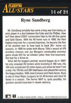 1992 Fleer - All-Stars #14 Ryne Sandberg Back