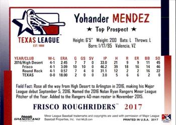 2017 Grandstand Texas League Top Prospects #14 Yohander Mendez Back
