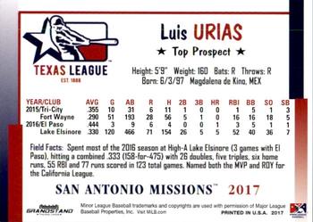 2017 Grandstand Texas League Top Prospects #24 Luis Urias Back