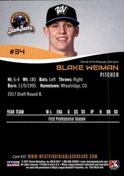 2017 Choice West Virginia Black Bears #32 Blake Weiman Back