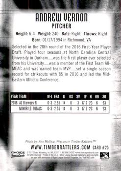2017 Choice Wisconsin Timber Rattlers #25 Andrew Vernon Back