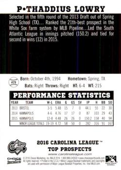 2016 Choice Carolina League Top Prospects #29 Thaddius Lowry Back