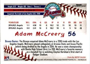 2016 Grandstand Danville Braves #27 Adam McCreery Back