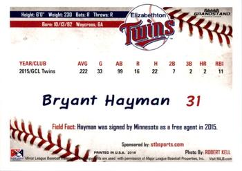 2016 Grandstand Elizabethton Twins #13 Bryant Hayman Back