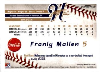 2016 Grandstand Helena Brewers #16 Franly Mallen Back
