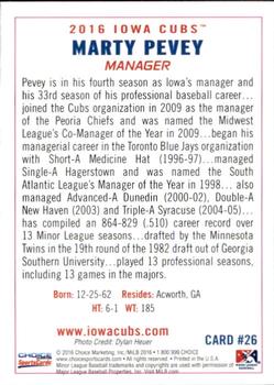 2016 Choice Iowa Cubs #26 Marty Pevey Back