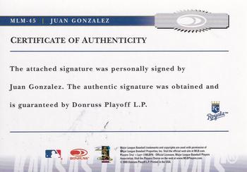 2005 Donruss Prime Patches - Major League Materials Autograph #MLM-45 Juan Gonzalez Back
