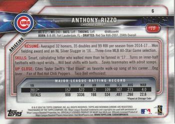 2018 Bowman Chrome - Purple Refractor #6 Anthony Rizzo Back