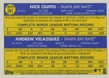 2019 Topps Heritage #381 Rays 2019 Rookie Stars (Nick Ciuffo / Andrew Velazquez) Back