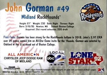 2018 Grandstand Midland RockHounds #12 John Gorman Back