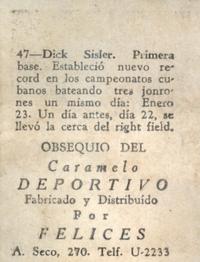1945-46 Caramelo Deportivo Cuban League #47 Dick Sisler Back