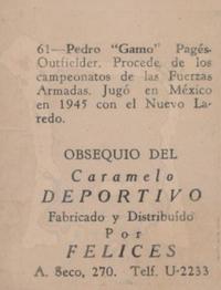 1945-46 Caramelo Deportivo Cuban League #61 Pedro Pages Back