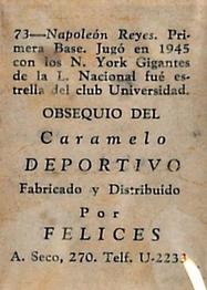 1945-46 Caramelo Deportivo Cuban League #73 Napoleón Reyes Back