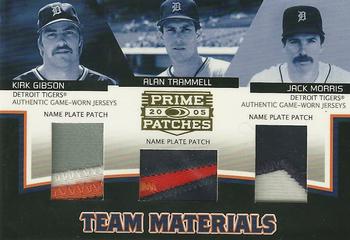 2005 Donruss Prime Patches - Team Materials Triple Name Plate Patch #TM-1 Kirk Gibson / Alan Trammell / Jack Morris Front