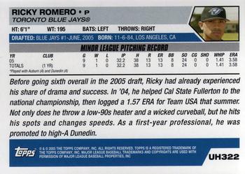 2005 Topps Updates & Highlights #UH322 Ricky Romero Back