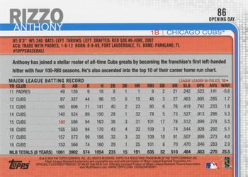 2019 Topps Opening Day #86 Anthony Rizzo Back