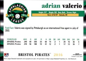 2016 Grandstand Appalachian League Top Prospects #28 Adrian Valerio Back