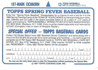 1987 Topps Stickers Hard Back Test Issue #12 / 187 Todd Worrell / Mark Eichhorn Back