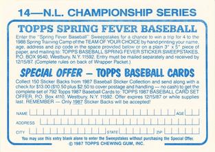 1987 Topps Stickers Hard Back Test Issue #14 N.L. Championship Series Back