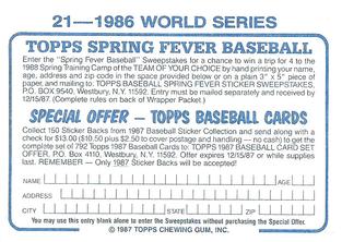 1987 Topps Stickers Hard Back Test Issue #21 1986 World Series Back