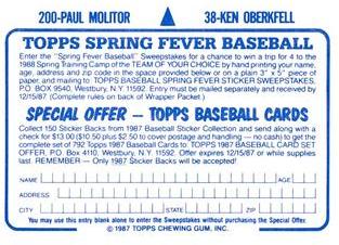 1987 Topps Stickers Hard Back Test Issue #38 / 200 Ken Oberkfell / Paul Molitor Back
