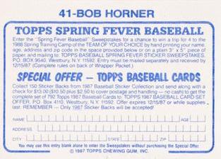 1987 Topps Stickers Hard Back Test Issue #41 Bob Horner Back