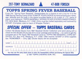 1987 Topps Stickers Hard Back Test Issue #47 / 207 Bob Forsch / Tony Bernazard Back