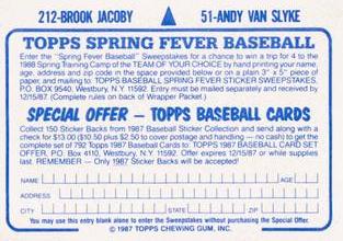 1987 Topps Stickers Hard Back Test Issue #51 / 212 Andy Van Slyke / Brook Jacoby Back