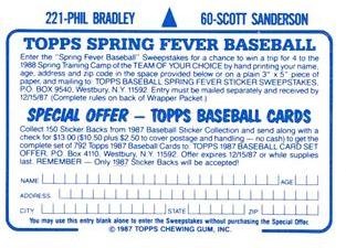 1987 Topps Stickers Hard Back Test Issue #60 / 221 Scott Sanderson / Phil Bradley Back