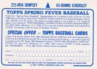 1987 Topps Stickers Hard Back Test Issue #63 / 225 Dennis Eckersley / Rick Dempsey Back