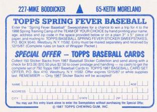 1987 Topps Stickers Hard Back Test Issue #65 / 227 Keith Moreland / Mike Boddicker Back