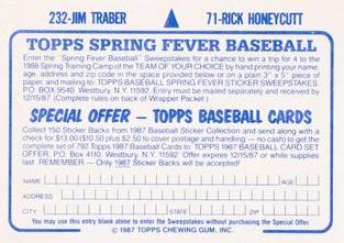 1987 Topps Stickers Hard Back Test Issue #71 / 232 Rick Honeycutt / Jim Traber Back
