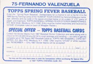 1987 Topps Stickers Hard Back Test Issue #75 Fernando Valenzuela Back