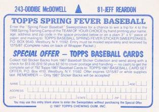 1987 Topps Stickers Hard Back Test Issue #81 / 243 Jeff Reardon / Oddibe McDowell Back