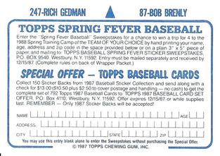 1987 Topps Stickers Hard Back Test Issue #87 / 247 Bob Brenly / Rich Gedman Back