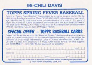 1987 Topps Stickers Hard Back Test Issue #95 Chili Davis Back