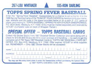 1987 Topps Stickers Hard Back Test Issue #105 / 267 Ron Darling / Lou Whitaker Back