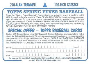 1987 Topps Stickers Hard Back Test Issue #109 / 270 Rich Gossage / Alan Trammell Back