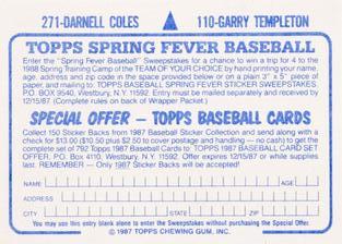 1987 Topps Stickers Hard Back Test Issue #110 / 271 Garry Templeton / Darnell Coles Back