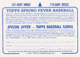 1987 Topps Stickers Hard Back Test Issue #119 / 281 Gary Redus / Kent Hrbek Back