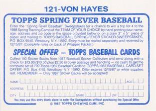 1987 Topps Stickers Hard Back Test Issue #121 Von Hayes Back
